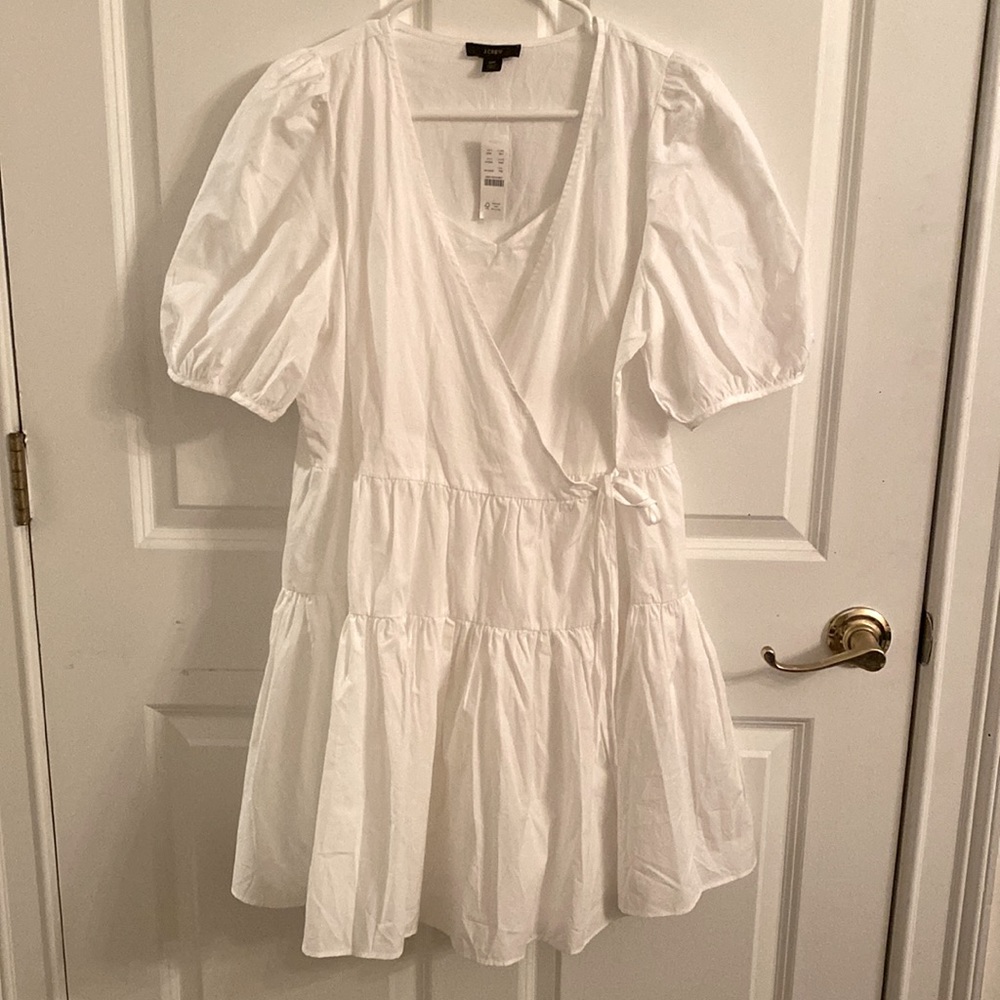 J. Crew petite M size white color Puff-sleeve Cotton Poplin Wrap Dress Brand new